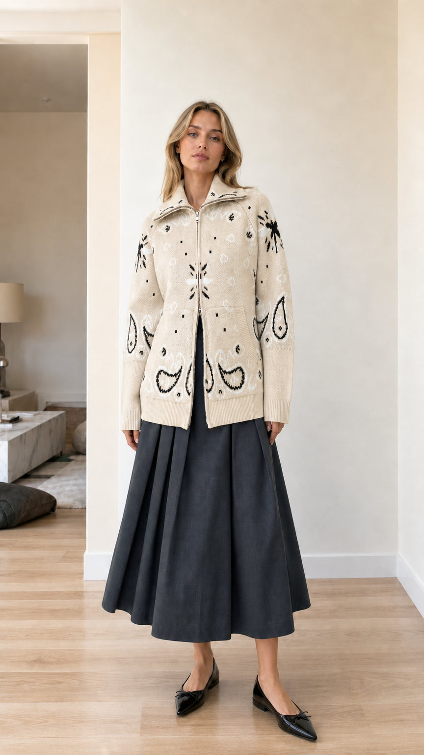 Cream off-white paisley jacquard zip-up sweater jacket on model