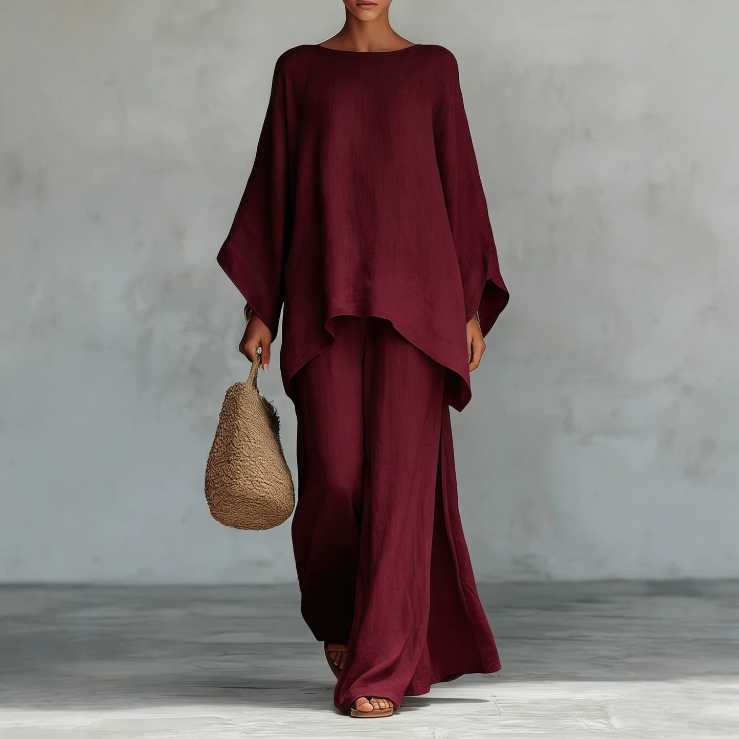 Relaxed Linen-Blend Poncho Top & Wide-Leg Pants Set