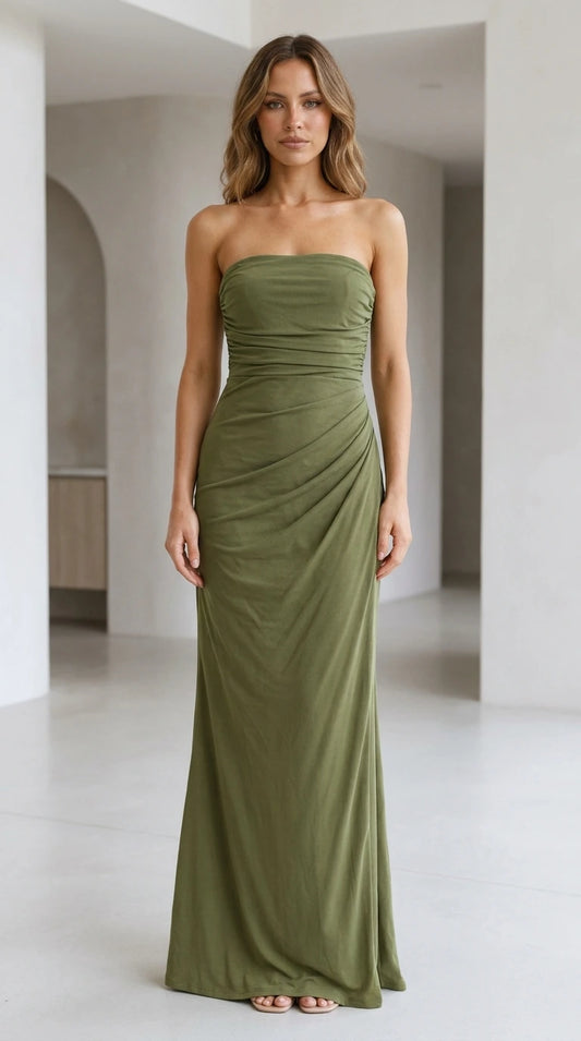 Front view of woman wearing strapless ruched drape maxi dress in olive green