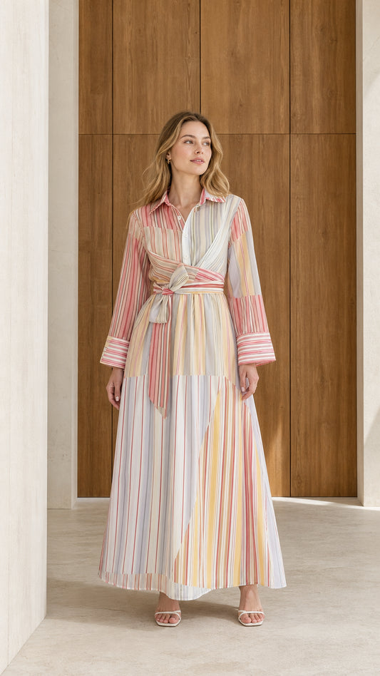 Front full-length view of model wearing pastel multi striped long sleeve maxi shirt dress with wrap tie waist