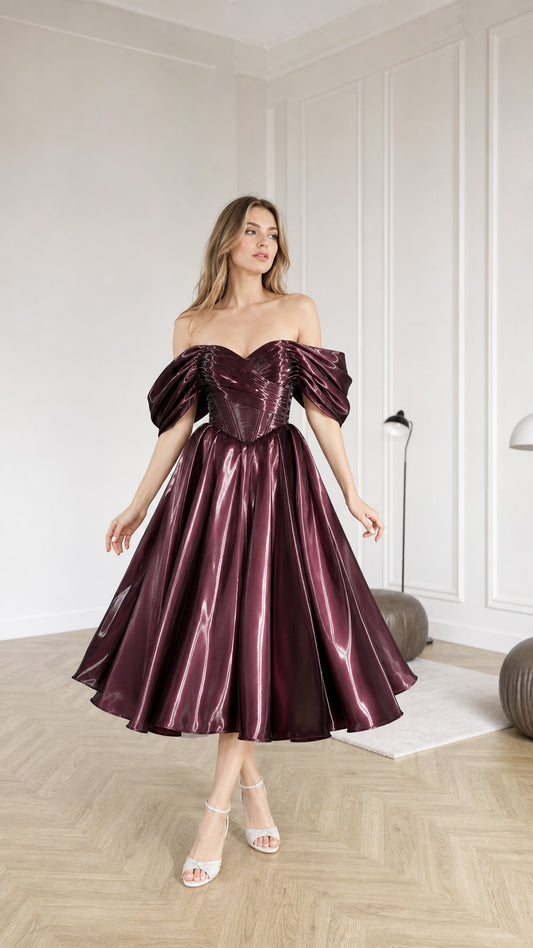 Front full view of burgundy metallic off-shoulder cocktail dress