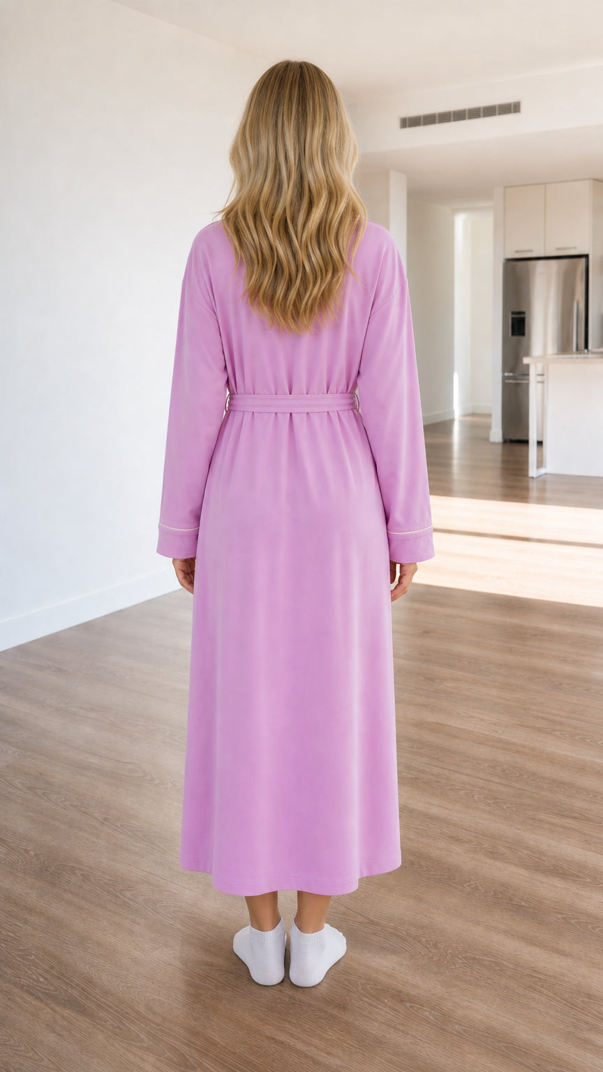 Back view of model in lilac midi wrap robe