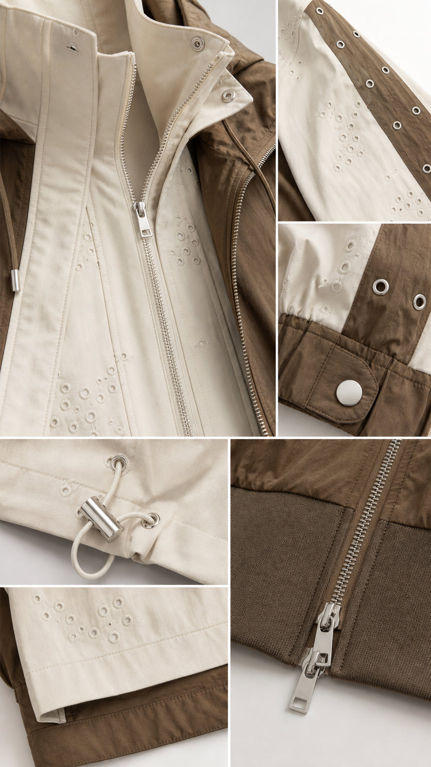 Detailed close-up collage showing zipper, eyelet grommets, toggles, and cuff buttons