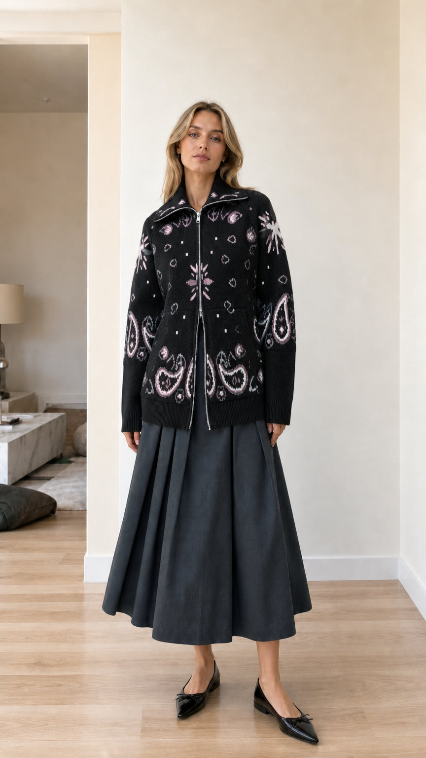 Black paisley jacquard zip-up knit cardigan jacket on model