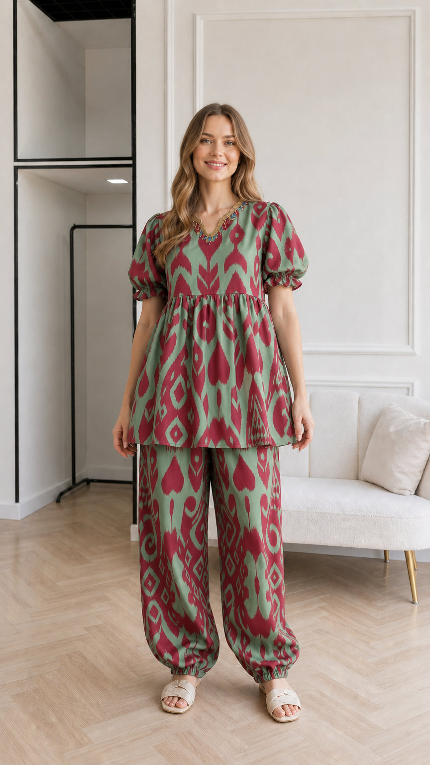 Woman wearing Sage Green and red printed babydoll tunic top and cuffed pants set