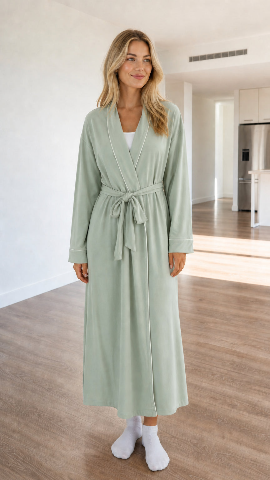 Front view of model wearing sage green long knit robe with white piping and belt