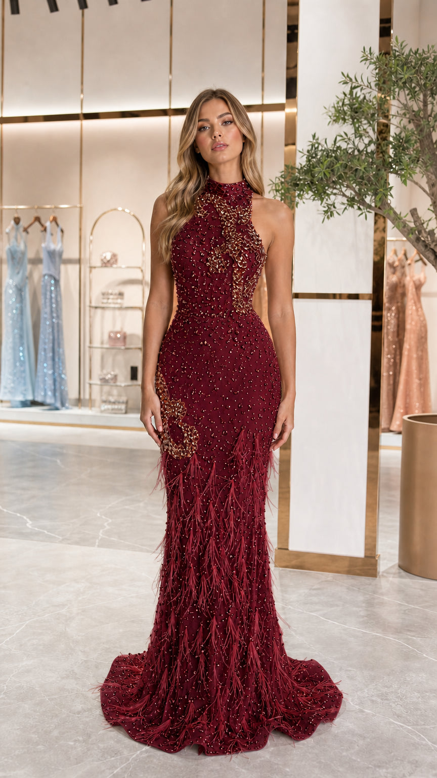 Model wearing burgundy red halter beaded mermaid gown
