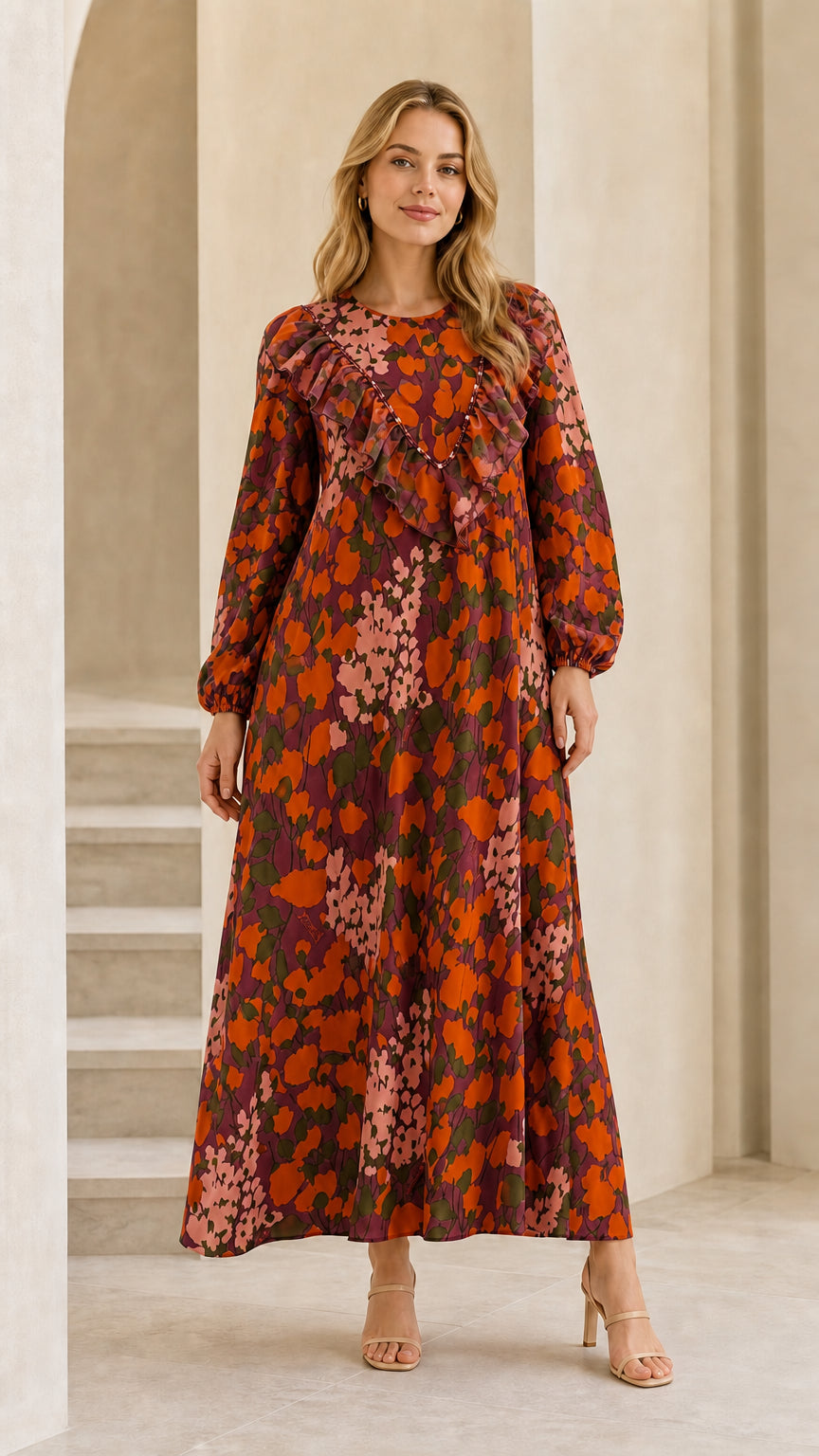 Full front view of model wearing burgundy floral long sleeve maxi dress