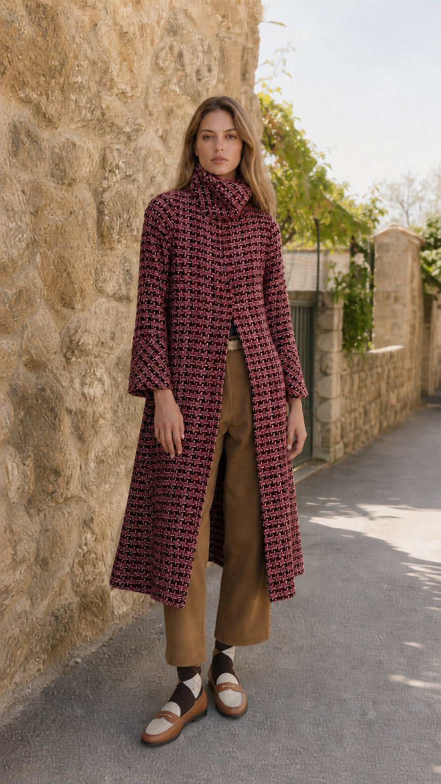 Model wearing burgundy berry red tweed high neck long coat