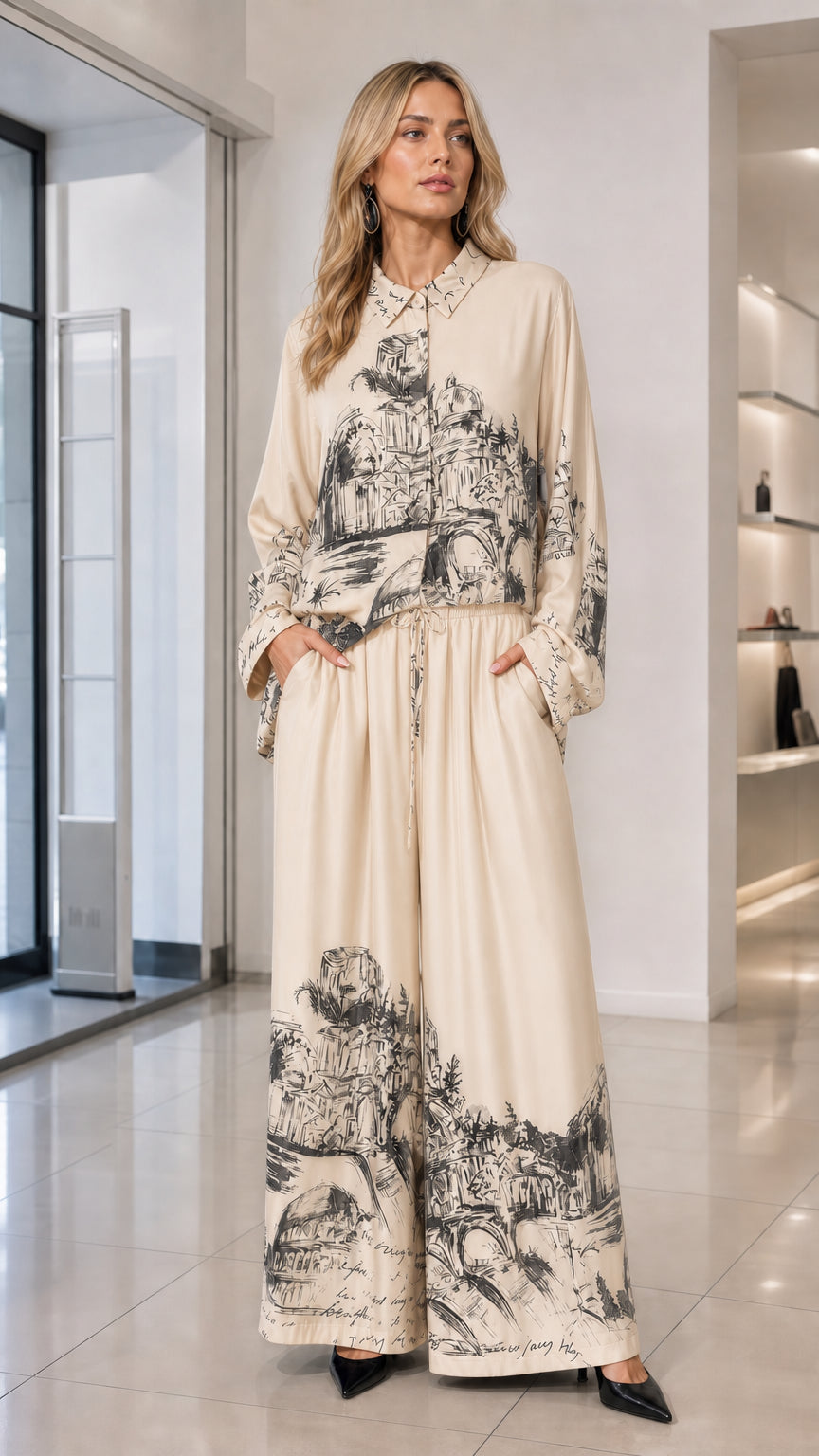 Beige cream architectural graphic print matching two-piece shirt and trousers set