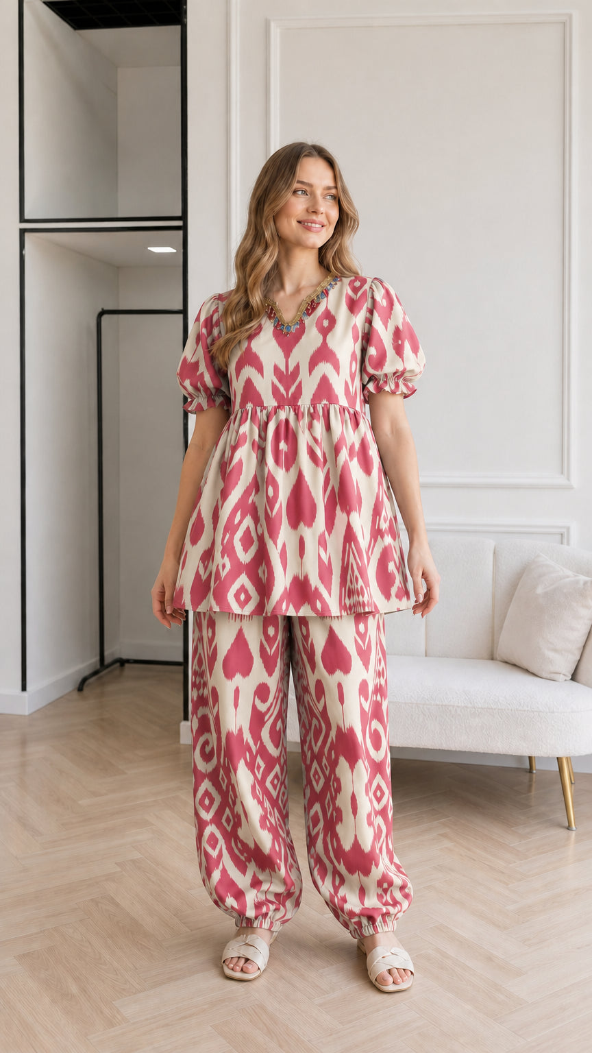 Woman wearing Cream and red ikat print two-piece loungewear set
