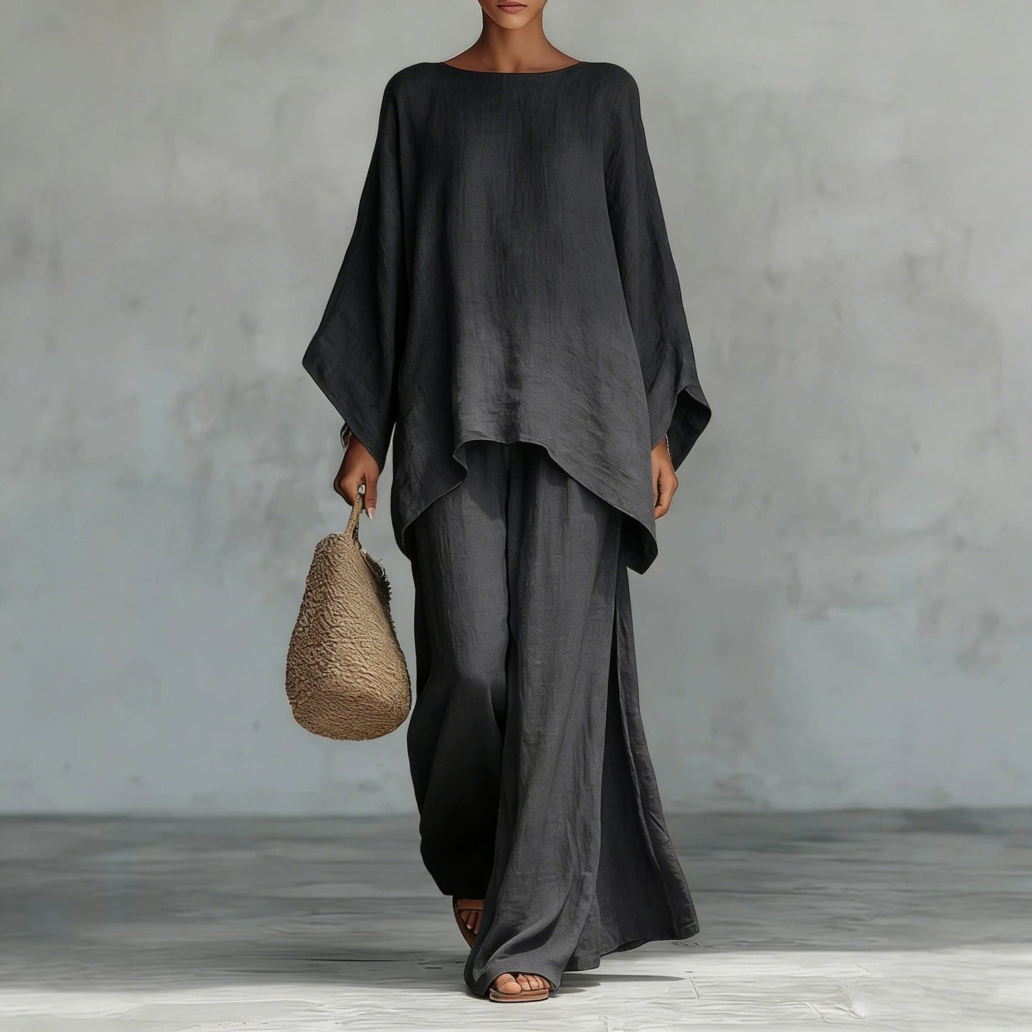 Relaxed Linen-Blend Poncho Top & Wide-Leg Pants Set