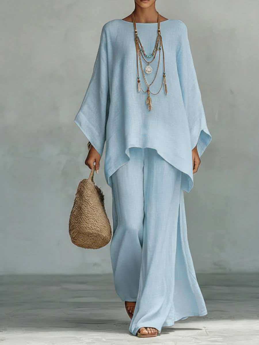 Relaxed Linen-Blend Poncho Top & Wide-Leg Pants Set