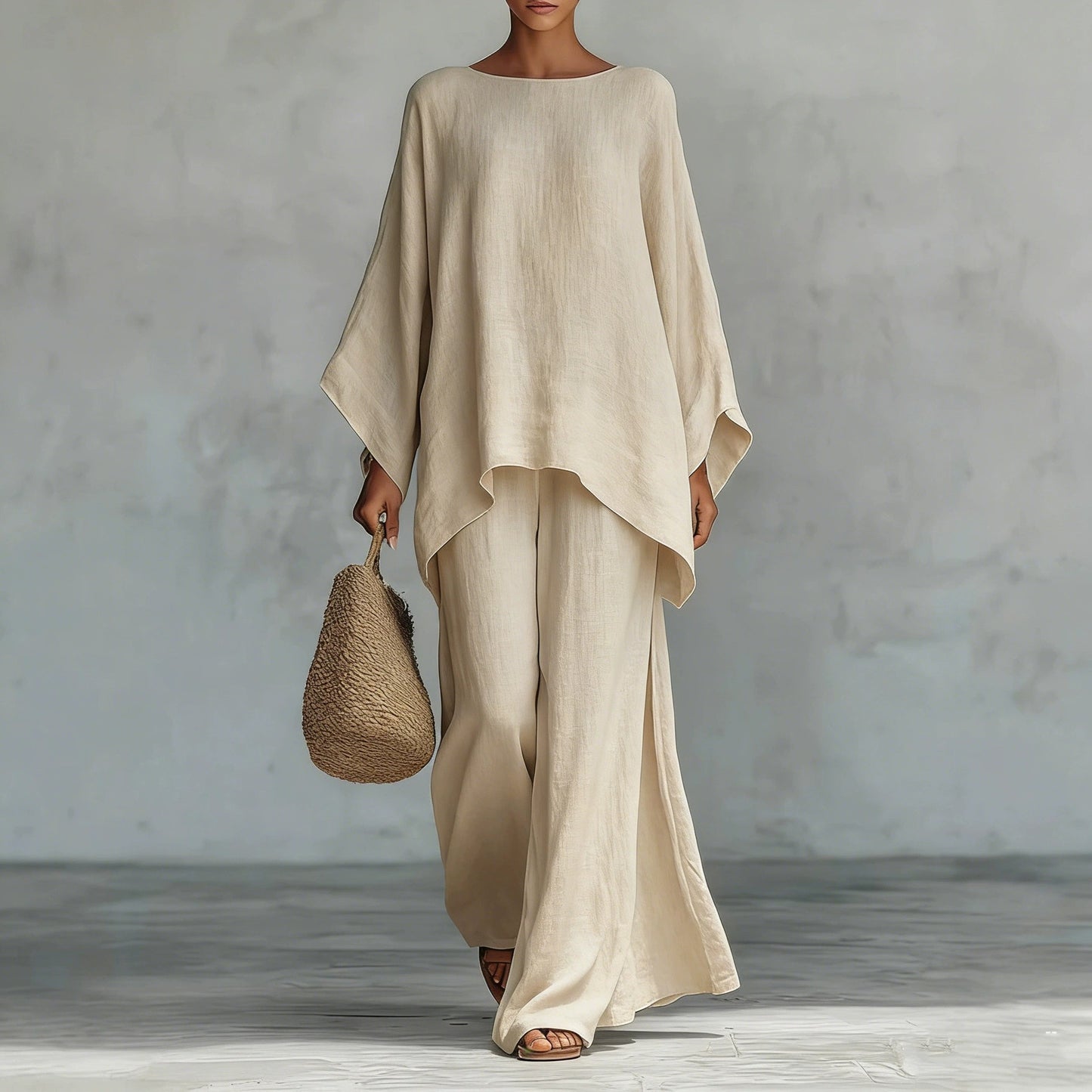 Relaxed Linen-Blend Poncho Top & Wide-Leg Pants Set