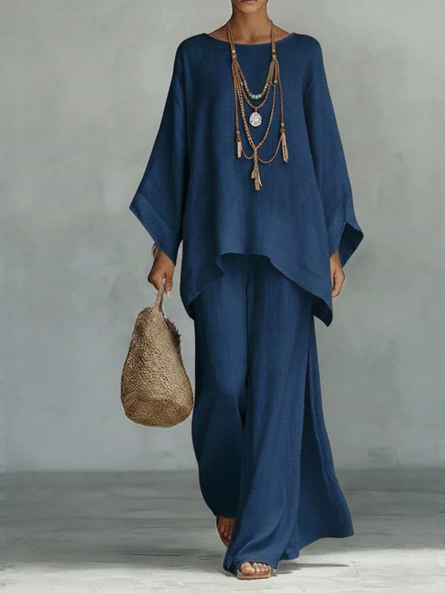 Relaxed Linen-Blend Poncho Top & Wide-Leg Pants Set