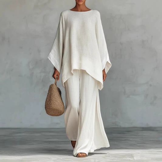 Relaxed Linen-Blend Poncho Top & Wide-Leg Pants Set
